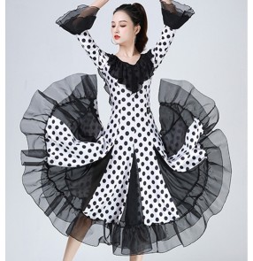 Women girls white with black polka dot ballroom dance dresses ruffles sleeves waltz tango foxtrot smooth dance long gown for female